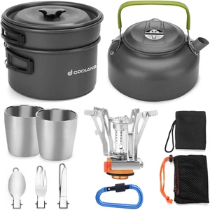 12-teiliges Camping Kochgeschirr Mess Kit Silber mit Mini Herd, leichter Topf Pfanne Wasserkocher - Bild 1 von 12