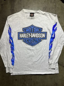 T-shirt media vintage anni 90 Harley Davidson Oakland fiamma blu manica lunga rara - Foto 1 di 11