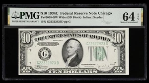 1934-C $10 Wide Federal Reserve Chicago Note PMG 64 EPQ Serial# G22322923D - Picture 1 of 2