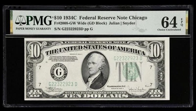 1934-C $10 Wide Federal Reserve Chicago Note PMG 64 EPQ Serial# G22322923D - Image 1 of 2