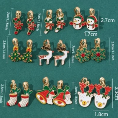 Juego de 9 pares de pendientes de clip de Navidad muñeco de nieve reno sin piercing para vacaciones Foto 1 de 4