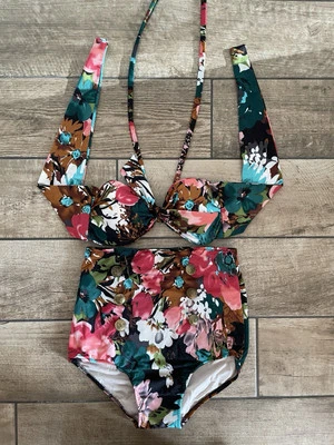 New Retro Bikini Size S UK 8 10 High Waisted Padded Bold Floral Buttons - Image 1 of 4