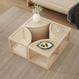 Round to Square Block Modular Coffee Table Light Natural Rattan with Storage 4 P - Picture 1 of 11