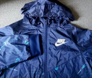 Nike Windrunner Jacket Boys XL Blue Swoosh Logos All Over Print Hooded AOP EUC - Picture 1 of 7