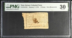 NJ-224 1791 New Jersey Colonial Currency 1 Penny New Brunswick PMG VF 30 Net - Picture 1 of 2