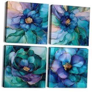 Teal Wall Art Modern Purple Blue and Gold Wall Decor Abstract 12x12in Marble - Picture 1 of 7