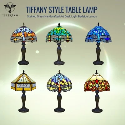 TIFFORA Tiffany Style Table Lamp Stained Glass Handcrafted Art Desk Light Bedside Lamps