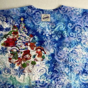 S.C.R.U.B.S. Scrub Top Size Medium Christmas Tree Snowman Family Holiday Print - Picture 1 of 9