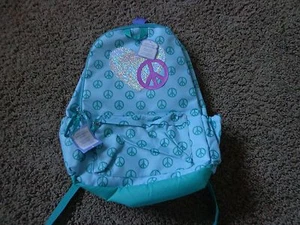 CLAIRE'S backpack green/blue PEACE SIGNS w/sparkle heart padded pocket - Picture 1 of 8