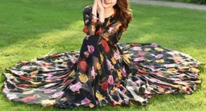 Maya Antonia Chiffon Maxi Dress, Black Red Roses Long Sleeves/Boho/Summer - Picture 1 of 7