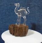 Vintage Hand Blown Clear Art Glass Camel on Driftwood Wood Base 3 3/4"