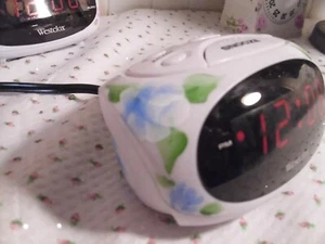 CHIC COTTAGE HAND PAINTED BLUE ROSES WHITE ELECTRIC ALARM CLOCK BATTERY BACK UP - Picture 1 of 8