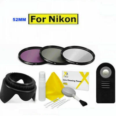 52MM HD FILTER KIT UV-CPL-FLD + LENS HOOD + REMOTE FOR NIKON D5000 D5100 D5200 - Image 1 of 4