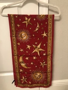 Casca Red  Silk Celestial Sun Moon Stars Scarf 50” X 13" Vintage 100% Silk - Picture 1 of 18
