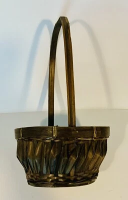 Vintage Hand Woven Bamboo Tall Handled Brown Basket Gorgeous - Image 1 of 4