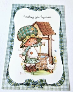 Vintage Greeting Card Post Card Cute Old Fashioned Girl at Wishing Wellv - Imagen 1 de 3