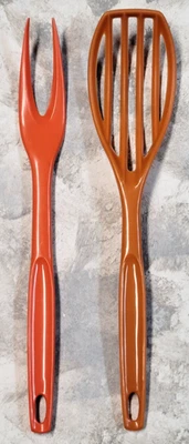 Vintage Foley Slotted Spoon Mixer Whipper & Fork Nylon Plastic Utensils Orange - Image 1 of 4