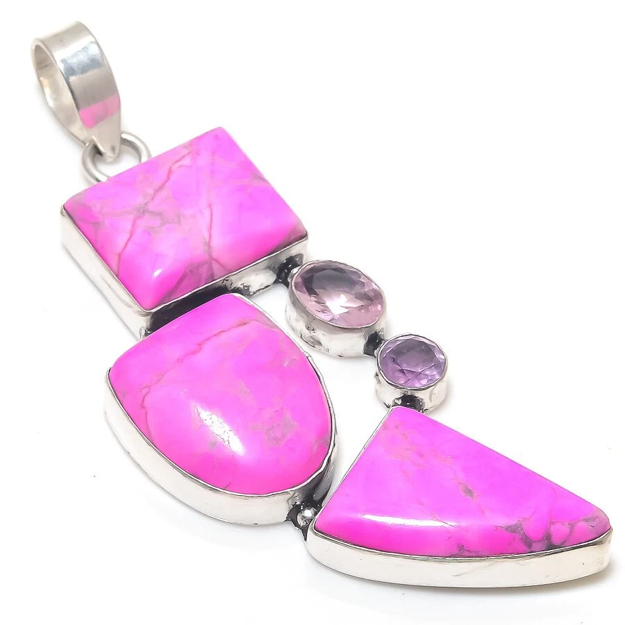 Joyería colgante enchapada en plata con piedras preciosas de cuarzo rosa howlita rosa 2,5" Foto 1 de 1