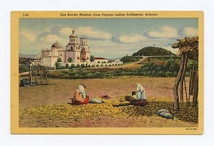 Postal de lino color misión San Xavier del asentamiento indio de Papago, Arizona - Imagen 1 de 2