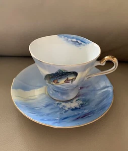 Vtg NORCREST Footed Tea Cup & Saucer RAINBOW TROUT FISH Fathers Day GOLD 8/537 - Picture 1 of 11