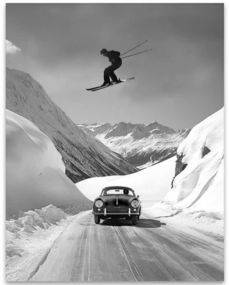 Póster de salto de esquiador, arte de pared vintage Porsche blanco y negro, decoración para amantes del esquí y el coche Foto 1 de 4
