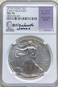 2014 American Silver Eagle Early Release, NGC MS70, signed by Elizabeth Jones - Picture 1 of 4