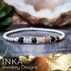 Inka 925 Sterling Silver Tourmaline mixed bead Stacking Bracelet - Picture 1 of 7
