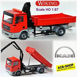 Man TGA L 8.180 Autocarro con Cassone Ribaltabile Gru Carico Rosso 1:87 Wiking - Foto 1 di 10
