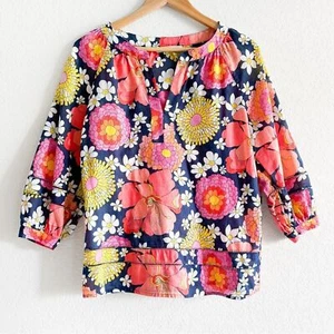 Trina Turk Mod Floral Print Peasant Blouse Women’s Medium 100% Cotton Navy Blue - Picture 1 of 10