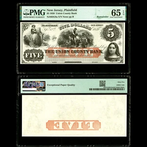 PMG GEM 65 EPQ 1859 New Jersey, Plainfield Union County Bank $5 - Picture 1 of 3