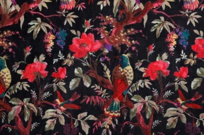 Tela de terciopelo suave de lujo con estampado de pájaros vestido indio tapicería de costura tela negra Foto 1 de 3