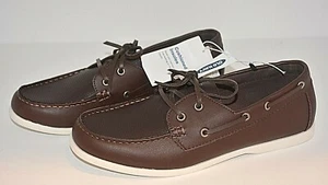 OLD NAVY MEN'S BOAT DRESS SHOES DARK BROWN LACE UP FAUX LEATHER SIZE 9 MEMORY F - Picture 1 of 6