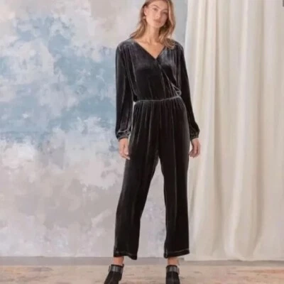 SUNDANCE Aviana Velvet Wrap Jumpsuit XL Smoke Gray V Neck Silk Blend Stretch - Image 1 of 4
