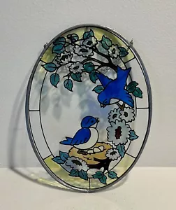 Glass Sun Catcher Blue Birds on Nest Flowers Leaves Oval Cottage Core 9” x 6.5” - Picture 1 of 3