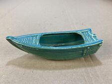 Vintage Antique Ceramic Wood Boat Blue Teal Pottery Planter Mini Mid Century