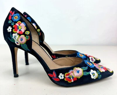 TORY BURCH Navy Blue Rosemont Suede Floral Embroidered D'Orsay Pumps 5.5 Shoes - Image 1 of 4
