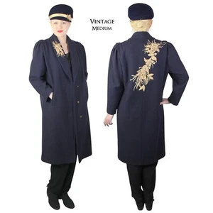 Vintage Hand Embroidered Navy Blue 2 Pc Coat and Hat Military Look Size Medium - Picture 1 of 13