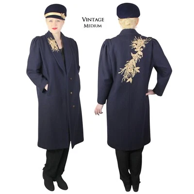 Vintage Hand Embroidered Navy Blue 2 Pc Coat and Hat Military Look Size Medium - Image 1 of 4