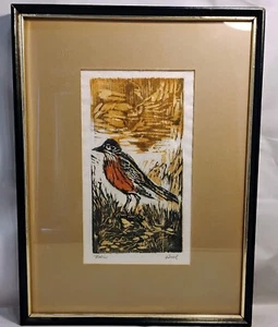 Nellie Buel ROBIN Holzschnitt handgemalt Kunst gerahmt mattiert 17"x12,75" signiert Vintage - Bild 1 von 4