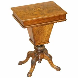 RARE RESTORED BURR WALNUT & TUNBRIDGE INLAID SEWING WORK BOX TABLE CARVED FEET - Picture 1 of 12