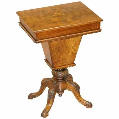 RARE RESTORED BURR WALNUT & TUNBRIDGE INLAID SEWING WORK BOX TABLE CARVED FEET - Image 1 of 4