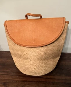 Street Level Shoulder Bag Backpack Raffia Tan Genuine Leather Boho Beach - Picture 1 of 14