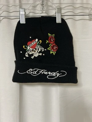 ED HARDY Skull Roses Black Logo Beanie Hat ONE SIZE - Image 1 of 4