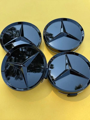 4x MercedesBenz Center Caps All Glossy Black 2.95Inch/75mm Fits Most Models NEW - Image 1 of 4
