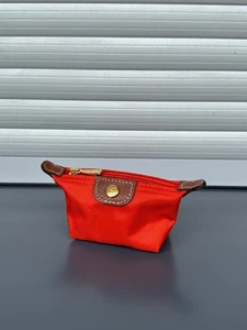 Longchamp Le Pliage Canvas Coin Purse Pouch Cognac Orange Brown Leather - Picture 1 of 13