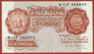 BANK OF ENGLAND (1955-60) 10 SHILLINGS L.K. O'BRIEN SIGNATURE (PICK#368c) CH XF - Picture 1 of 2