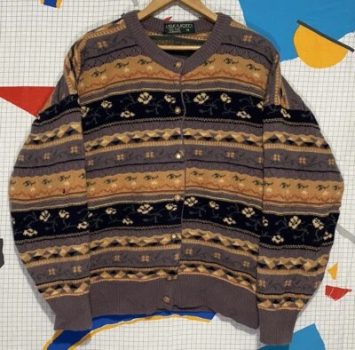 Suéter Vintage Lyle & Scott Lana de Cordero Mediano Geométrico Floral Hippie Grueso Foto 1 de 4