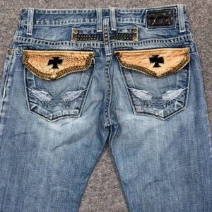 Robins Jean Mens 33 Blue Crocodile Crosses Wings Distressed USA Y2K Grunge Biker - Picture 1 of 24
