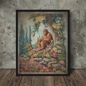Vintage BIGFOOT BOTANICAL Wall Art, Sasquatch Flower Decor, Cryptid Floral Print - Picture 1 of 17