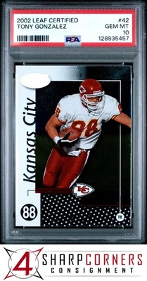 2002 LEAF 认证 #42 TONY GONZALEZ 首席名人堂流行 2 PSA 10 — 第 1/3 张图片
